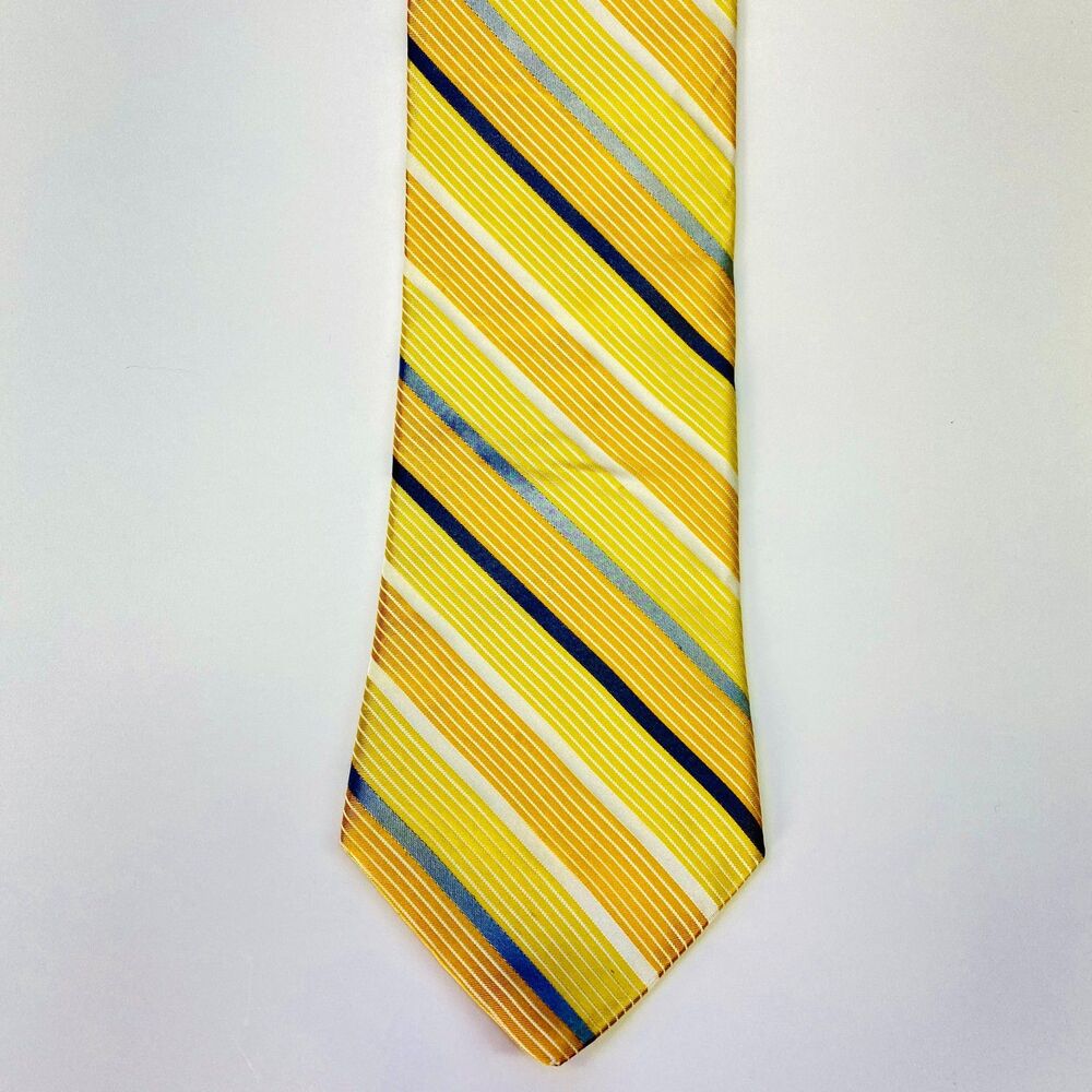 Perry Ellis Portfolio Men's 100% Silk Tie Yellow Gold Blue Striped Necktie